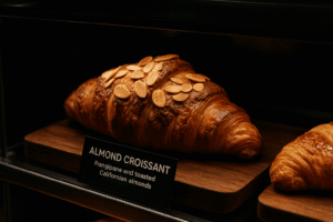 Display pastry dengan label nama dan deskripsi